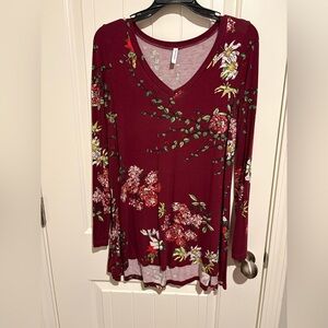 Burgundy Floral V-Neck Long Sleeve Top